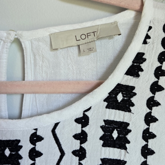 LOFT White Black Linen Blend Embroidered Peplum Flutter Sleeve Shirt SZ Large - Picture 9 of 12